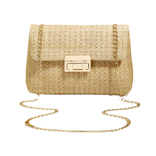 Straw Crossbody Bag With Gold Chain